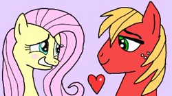 Size: 340x191 | Tagged: safe, artist:hectorlongshot, big macintosh, fluttershy, earth pony, pegasus, pony, g4, blushing, duo, female, freckles, heart, lidded eyes, male, pink background, ship:fluttermac, shipping, simple background, smiling, straight