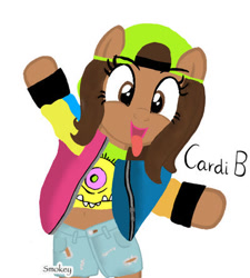 Size: 400x445 | Tagged: safe, artist:smokeyserenity, earth pony, pony, cap, cardi b, clothes, female, hat, jacket, mare, monster, pants, ponified, ponified celebrity, shirt, shorts, signature, simple background, solo, tongue out, white background