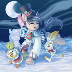 Size: 3000x3000 | Tagged: safe, artist:neonishe, oc, grookey, pony, scorbunny, sobble, unicorn, clothes, commission, crescent moon, eyes closed, hat, high res, moon, night, pokemon sword and shield, pokémon, scarf, snow, snowpony, winter, winter outfit