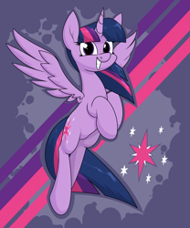 Size: 2053x2465 | Tagged: safe, artist:moonatik, twilight sparkle, alicorn, pony, g4, abstract background, female, grin, high res, mare, smiling, solo, spread wings, twilight sparkle (alicorn), wings