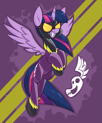 Size: 2053x2465 | Tagged: safe, alternate version, artist:moonatik, twilight sparkle, alicorn, pony, g4, abstract background, clothes, costume, female, goggles, grin, high res, latex, latex suit, mare, shadowbolts, shadowbolts costume, shadowbolts logo, smiling, solo, spread wings, twilight sparkle (alicorn), wings