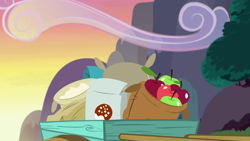 Size: 1280x720 | Tagged: safe, screencap, g4, the break up breakdown, apple, background, flour, food, no pony, ponyville, scenic ponyville, sugar (food), sunset