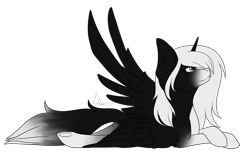 Size: 1280x806 | Tagged: safe, artist:dashie3333, oc, oc only, oc:alea, alicorn, pony, alicorn oc, big ears, female, horn, looking up, lying down, mare, solo, wings