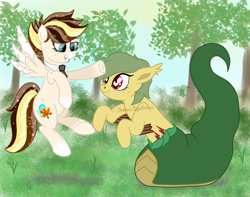Size: 2304x1820 | Tagged: safe, artist:ross, artist:shappy the lamia, oc, oc:brise d'automne, oc:shappy, earth pony, hybrid, lamia, original species, pegasus, pony, reptile, snake, snake pony, caress, collaboration, fangs, freckles, friendship, leaf, long tail, morning, necktie, plant, scales, slit pupils, snake eyes, snake tail, stain, tree