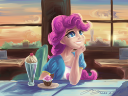 Size: 3000x2250 | Tagged: safe, artist:musical ray, pinkie pie, human, equestria girls, g4, cherry, cupcake, female, food, high res, humanized, milkshake, solo, window