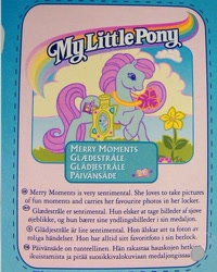 Size: 344x429 | Tagged: safe, photographer:woosie, merry moments, earth pony, pony, g2, official, backcard, camera, female, locket, mare, text