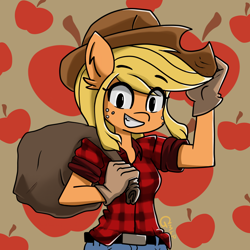 Size: 1000x1000 | Tagged: safe, artist:genericmlp, applejack, earth pony, anthro, g4, bag, breasts, clothes, cute, flannel shirt, gloves, grin, jackabetes, smiling