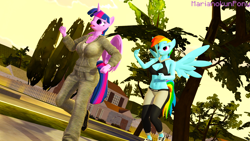 Size: 1920x1080 | Tagged: safe, artist:marianokun, rainbow dash, twilight sparkle, alicorn, anthro, g4, 3d, clothes, exercise, folded wings, running, source filmmaker, spread wings, street, tongue out, twilight sparkle (alicorn), wings