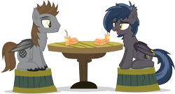 Size: 4526x2443 | Tagged: safe, artist:le-23, oc, oc:devin, oc:gotha, bat pony, bat pony oc, cute, cutie mark, date, drink, female, food, looking at each other, love, male, oc x oc, open mouth, shipping, simple background, sitting, smiling, straight, table, transparent background, wholesome