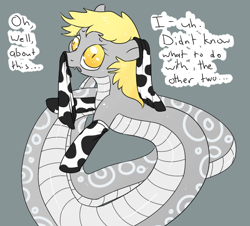 Size: 740x670 | Tagged: safe, artist:archego-art, derpy hooves, lamia, original species, snake, g4, clothes, cow socks, cowprint, dialogue, drawthread, lamiafied, snerpy, socks, species swap