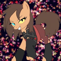 Size: 736x736 | Tagged: safe, artist:ha.ya.fuckin.bbq, earth pony, pony, abstract background, catra, clothes, eyelashes, female, grin, heterochromia, mare, ponified, raised hoof, she-ra and the princesses of power, smiling, solo