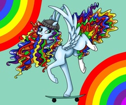 Size: 1080x898 | Tagged: safe, artist:pony_riart, oc, oc only, pegasus, pony, balancing, beanie, hat, multicolored hair, open mouth, pegasus oc, rainbow, rainbow hair, raised hoof, skateboard, smiling, solo, wings