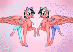 Size: 1080x764 | Tagged: safe, artist:pony_riart, oc, oc only, pegasus, pony, abstract background, bow, colored hooves, duo, female, hair bow, jewelry, mare, necklace, one wing out, open mouth, pegasus oc, raised hoof, smiling, twins, wings