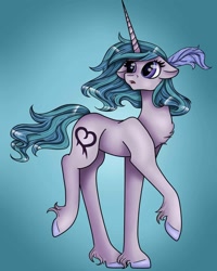 Size: 1080x1350 | Tagged: safe, artist:pony_riart, oc, oc only, pony, unicorn, chest fluff, collaboration, colored hooves, eyelashes, feather, gradient background, hoof fluff, horn, looking back, solo, unicorn oc