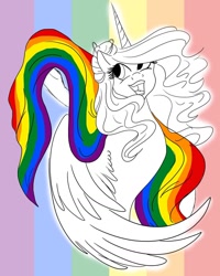 Size: 1080x1351 | Tagged: safe, artist:pony_riart, princess celestia, alicorn, pony, g4, abstract background, bust, eyelashes, female, gay pride flag, horn, mare, open mouth, pride, pride flag, smiling, solo, wings