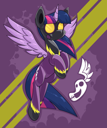 Size: 2053x2465 | Tagged: safe, alternate version, artist:moonatik, twilight sparkle, alicorn, pony, g4, abstract background, clothes, costume, female, goggles, high res, latex, latex suit, mare, rubber drone, shadowbolt drone, shadowbolts, shadowbolts costume, shadowbolts logo, solo, spread wings, twilight sparkle (alicorn), wings