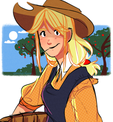 Size: 2688x2894 | Tagged: safe, artist:syrupyyy, applejack, human, g4, apple, apple tree, applejack's hat, clothes, cowboy hat, female, hat, high res, humanized, overalls, solo, straw in mouth, sweet apple acres, tree, unmoving plaid