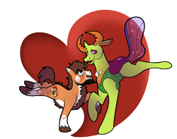 Size: 1900x1500 | Tagged: safe, artist:radicalhat, thorax, oc, oc:heart chaser, changedling, changeling, earth pony, pony, g4, canon x oc, couple, gay, heart, holding hooves, king thorax, male