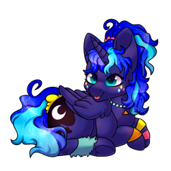 Size: 1280x1280 | Tagged: safe, artist:vexcity, princess luna, alicorn, pony, between dark and dawn, g4, 80s princess luna, cute, female, lunabetes, lying down, mare, prone, simple background, smiling, solo, tongue out, transparent background