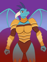 Size: 720x936 | Tagged: safe, artist:afhybrid, princess ember, dragon, anthro, g4, amazon, armor, breasts, busty princess ember, dragon armor, dragoness, female, fire, lizard breasts, solo, spread wings, wings