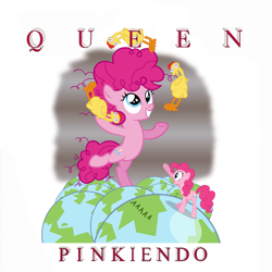 Size: 2000x2000 | Tagged: safe, artist:grapefruitface1, artist:php11, artist:strawberrythefox1452, artist:tomfraggle, pony, bipedal, globe, high res, juggling, ponified, ponified album cover, queen (band), rock (music), rubber chicken, scared, self ponidox, shocked, show accurate
