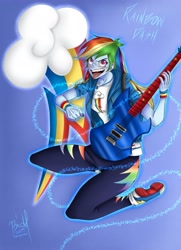 Size: 2893x3996 | Tagged: safe, artist:bidzinha, rainbow dash, equestria girls, g4, clothes, converse, cutie mark, cutie mark background, electric guitar, female, geode of super speed, guitar, guitar pick, high res, hoodie, magical geodes, musical instrument, open mouth, shoes, sneakers, solo, tongue out