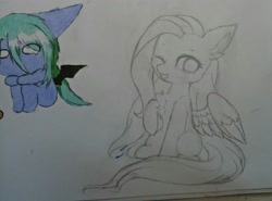Size: 1726x1280 | Tagged: safe, artist:aleurajan, fluttershy, oc, bat pony, pegasus, pony, anthro, g4, anthro with ponies, bat pony oc, bat wings, chest fluff, chibi, duo, ear fluff, partial color, raised hoof, sitting, smiling, traditional art, white eyes, wings