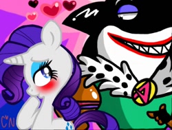 Size: 512x387 | Tagged: safe, artist:chibinel, rarity, shark, g4, blushing, crossover, crossover shipping, emperor awesome, heart, hoof over mouth, shipping, wander over yonder