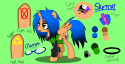 Size: 2900x1500 | Tagged: safe, artist:juliet-gwolf18, oc, oc only, oc:sketchy, alicorn, pony, alicorn oc, bags under eyes, clothes, edgy, emo, eyelashes, eyeliner, female, hoodie, horn, makeup, mare, reference sheet, show accurate, solo, story included, tattoo, triforce, wings