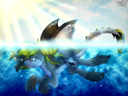 Size: 2000x1500 | Tagged: safe, artist:juliet-gwolf18, oc, oc only, oc:juliet, dracony, dragon, hybrid, pony, cloud, female, outdoors, signature, solo, sun, swimming