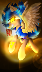 Size: 1000x1720 | Tagged: safe, artist:juliet-gwolf18, oc, oc only, oc:sketchy, alicorn, pony, alicorn oc, clothes, eyelashes, female, flying, glowing eyes, glowing hooves, gritted teeth, horn, mare, solo, tattoo, triforce, wings