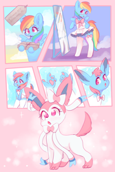 Size: 800x1200 | Tagged: safe, artist:valeria_fills, rainbow dash, pegasus, pony, sylveon, g4, :o, bipedal, blushing, bow, clothes, comic, cute, dashabetes, digital art, dress, female, hooves, implied rarity, mare, mirror, open mouth, paw pads, paws, pokémon, present, rainbow dash always dresses in style, solo, spread wings, standing, stockings, tail, thigh highs, transformation, underpaw, wings