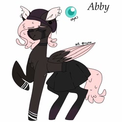 Size: 768x768 | Tagged: safe, artist:kxyluna, oc, oc only, pegasus, pony, beanie, choker, clothes, eyes closed, hat, pegasus oc, raised hoof, signature, simple background, skirt, solo, two toned wings, white background, wings