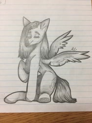Size: 768x1024 | Tagged: safe, artist:kxyluna, oc, oc only, pegasus, pony, eyes closed, grayscale, lined paper, monochrome, pegasus oc, raised hoof, sitting, solo, traditional art, wings