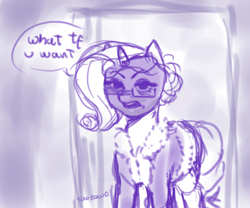 Size: 1200x1000 | Tagged: safe, artist:zowzowo, rarity, pony, unicorn, g4, annoyed, clothes, glasses, purple, robe, rough sketch, sketch, sleepy, solo