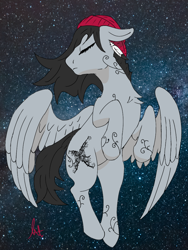 Size: 768x1024 | Tagged: safe, artist:biergarten13, oc, oc only, oc:raine, pegasus, pony, fallout equestria, fallout equestria: ghosts of the past, eyes closed, female, floating, majestic, scroll, sleeping, solo, space, spread wings, tattoo, wings