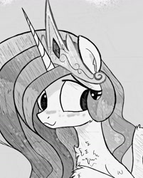 Size: 1249x1553 | Tagged: source needed, safe, artist:kqaii, princess celestia, alicorn, pony, g4, bust, chest fluff, cute, cutelestia, female, grayscale, mare, monochrome, portrait, sketch, solo