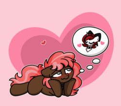 Size: 1000x875 | Tagged: safe, artist:sugar morning, oc, oc:lilith, oc:scarlet trace (coffee bean), earth pony, pony, animated, bow, collar, female, freckles, gif, holiday, mare, thought bubble, valentine's day