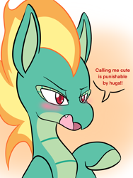 Size: 1536x2048 | Tagged: safe, artist:steelsoul, part of a set, tianhuo (tfh), dragon, hybrid, longma, them's fightin' herds, blushing, community related, cute, dialogue, i'm not cute, solo, speech bubble, tianhuaww, tsundere, tsunhuo