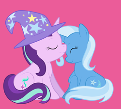 Size: 3335x3000 | Tagged: safe, artist:squipycheetah, starlight glimmer, trixie, pony, unicorn, g4, accessory swap, clothes, cute, duo, eyes closed, female, happy, hat, high res, lesbian, missing accessory, nuzzling, pink background, raised hoof, ship:startrix, shipping, show accurate, simple background, smiling, the great and powerful, trixie's hat