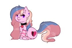 Size: 626x420 | Tagged: safe, artist:naaltive, oc, oc:alluring gaze, earth pony, pony, :p, chibi, choker, clothes, ear piercing, earring, eyeshadow, jewelry, leg warmers, makeup, ms paint, piercing, simple background, sitting, tongue out, white background