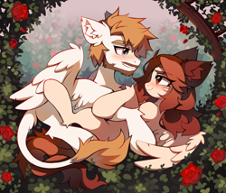 Size: 3968x3400 | Tagged: safe, artist:kirionek, oc, oc only, oc:kiri, pegasus, pony, blushing, couple, cute, duo, flower, garden, high res, leonine tail, looking at each other, rose, snuggling, whisker markings