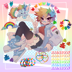 Size: 4000x4000 | Tagged: safe, artist:yeonae, rainbow dash, human, pegasus, pony, g4, arm wraps, bandaid, bandaid on nose, belly button, clothes, cloud, converse, cutie mark accessory, cutie mark earrings, denim shorts, ear piercing, earring, female, hand gesture, human ponidox, humanized, jewelry, lesbian pride flag, looking at you, mare, on a cloud, piercing, pride, pride flag, self ponidox, shoes, shorts, sitting, sitting on a cloud, sneakers