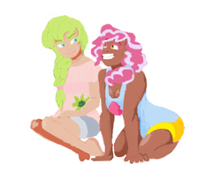 Size: 934x762 | Tagged: safe, artist:squeezemelittle, oc, oc only, oc:anthea, oc:cotton candy, human, kilalaverse, adopted offspring, barefoot, breasts, cleavage, dark skin, duo, feet, female, humanized, humanized oc, next generation, offspring, parent:fluttershy, parent:pinkie pie, parent:pokey pierce, parents:pokeypie, simple background, smiling, white background