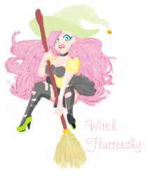 Size: 970x1148 | Tagged: safe, artist:squeezemelittle, fluttershy, human, g4, breasts, broom, cleavage, clothes, hat, high heels, humanized, ripped stockings, shoes, simple background, solo, stockings, thigh highs, torn clothes, white background, witch costume, witch hat