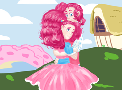 Size: 2812x2068 | Tagged: safe, artist:squeezemelittle, pinkie pie, human, g4, bubble berry, female, high res, hug, humanized, male, one eye closed, r63 paradox, redraw, rule 63, self ponidox, selfcest, ship:bubblepie, shipping, straight, tongue out, wink