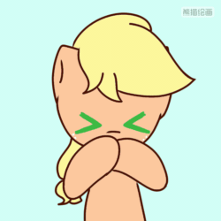 Size: 720x720 | Tagged: safe, artist:starflashing twinkle, applejack, earth pony, pony, g4, animated, blowing a kiss, chinese, cute, cyan background, female, frame by frame, gif, hatless, heart, jackabetes, mare, missing accessory, simple background, solo