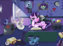 Size: 2047x1511 | Tagged: safe, artist:aanotherpony, edit, edited screencap, screencap, starlight glimmer, pony, unicorn, g4, bed, bloodshot eyes, book, boots, bubblegum, choker, ear piercing, earring, edgelight glimmer, emo, food, goth, guitar, gum, jewelry, lying down, musical instrument, piercing, shoes, solo, starlight's room, teenage glimmer, teenager, younger