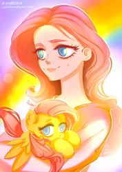 Size: 900x1272 | Tagged: safe, artist:greyredroy, fluttershy, human, pegasus, pony, g4, cute, duo, female, holding a pony, human ponidox, humanized, rainbow, self ponidox, shyabetes