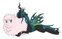 Size: 1250x800 | Tagged: safe, artist:spyro-for-life, queen chrysalis, oc, oc:fluffle puff, changeling, changeling queen, earth pony, original species, pony, g4, butt pillow, canon x oc, female, lesbian, lying down, prone, ship:chrysipuff, shipping, simple background, sleeping, white background
